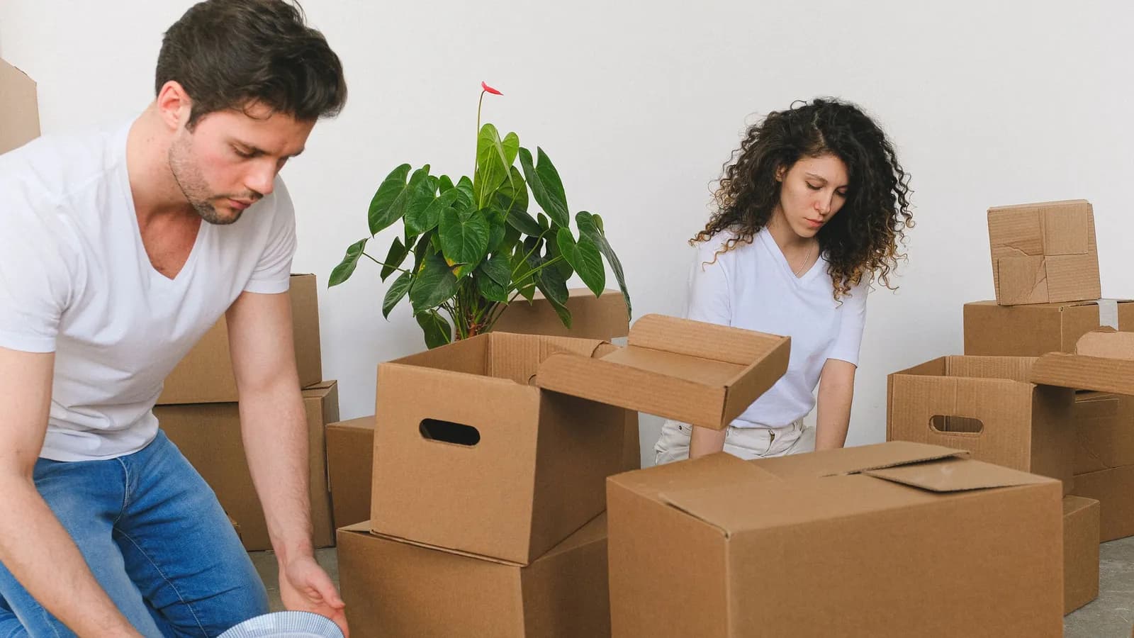 Hai người đóng thùng carton chuẩn bị chuyển nhà